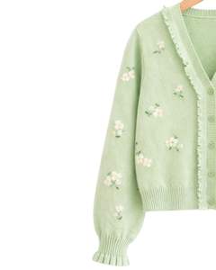 Cardigan en tricot vert menthe personnalisé pour femme avec imprimé floral, col en V à volants, boutonné devant, mode d'hiver mignonne - Product Image 3