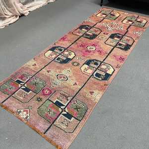 3.3x8.8 ft Rug, Vintage Turkish Rug, <b>Red</b> Blue Bordered <b>Wool</b> Rug - Product Image 4