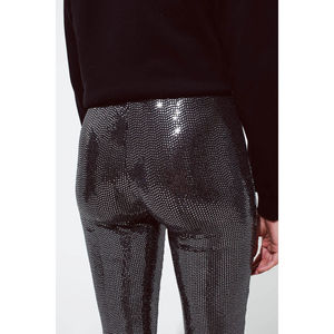 Leggings évasés en tissu argenté métallisé, effet ventre plat, push-up, chauds; en nylon et élasthanne tricotés extensibles, style décontracté, taille confortable - Product Image 1