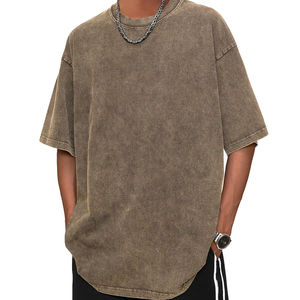 Camiseta de Alta Calidad con Lavado Ácido, Cuello Redondo Amplio, Manga Corta, Estilo Ringer, Talla Grande para Hombre, Algodón Vintage - Product Image 1