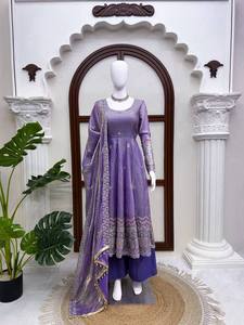 ชุดเดรส Anarkali สีม่วงปักลาย ชุดปากีสถาน เสื้อคลุมยาว ผ้าคลุมไหล่ปักลาย กางเกง Palazzo ชุดแต่งงานอินเดีย - Product Image 1