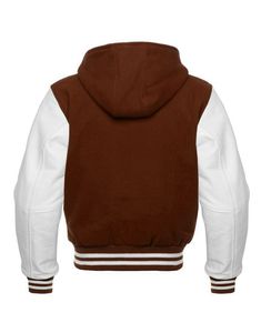 Chaqueta Varsity con Capucha para Mujer, Color Marrón, Mangas de Cuero Blanco, Bloques de Color en Contraste, Estilo Letterman - Product Image 3