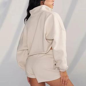 เซ็ต2ชิ้นสั้นสำหรับผู้หญิงเสื้อฮู้ดมีซิปโอเวอร์ไซส์ผ้าคอตตอนชุดปั่นจักรยาน100% ลำลองฤดูร้อน - Product Image 2