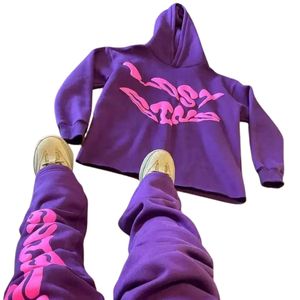 Venta caliente Sweatsuit pantalones de chándal acampanados y conjuntos de Sudadera con capucha Puff estampado chándal apilado Flared Jogger Pant Hoodie Set para hombres - Product Image 1