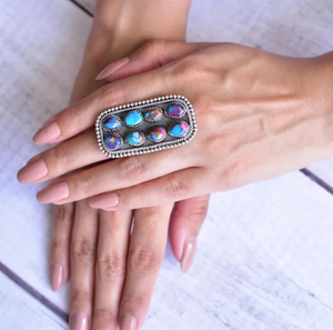 Bague pour femme en argent sterling 925 plaqué or/argent, faite à la main, avec un cluster de pierres précieuses fantaisie longues et ajustables, dahlia rose et turquoise - Product Image 1