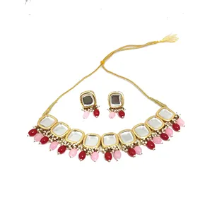Conjunto de Collar de Una Sola Capa con Perlas Rosadas y Rojas, Chapado en Oro de 24K, para Bodas y Joyería Fina, Joyería Nupcial - Product Image 3