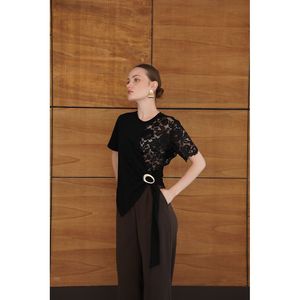 T-shirt col en V en gros avec ourlet en dentelle - [object Object] - Product Image 2