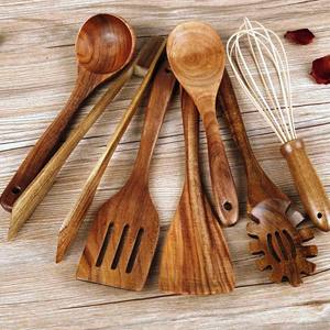Juego de Cucharas para Servir Ensaladas de Madera Antiadherente, Cuchara de Cocina de Madera Natural de Tamaño Pequeño S con 2 Espátulas, Utensilios Hechos a Mano Sostenibles - Product Image 3