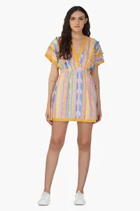 Gilr's Fashion Forever V Weaving with Texture Robe courte sans effort Style d'été Demi-manche Col plongeant Pompon une pièce - Product Image 5