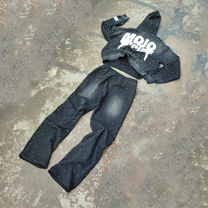 Chándal de algodón personalizado con servicio de OEM, chándal unisex lavado con diamantes de imitación ácido, ropa de calle de lujo, conjunto de chándales para hombre - Product Image 2