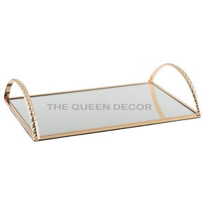 High Quality Decorative Vanity Serving Tray With <b>Mirror</b> in Rose Gold Traditional Glass Serving Tray With Decorative Metal Border - Product Image 1