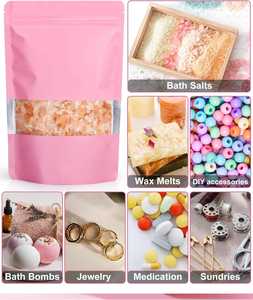 Sac en matériaux composites refermable debout, personnalisable, rose, avec fenêtres givrées pour l'emballage de biscuits, gâteaux, chocolats - Product Image 4