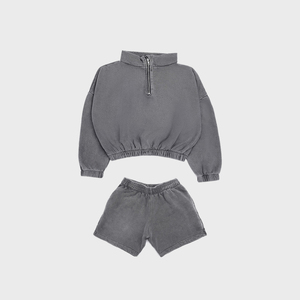 OEM logotipo personalizado conjunto de Jogger lavado con ácido media cremallera sudadera de gran tamaño de lana pantalones cortos conjuntos Streetwear 2 piezas trajes cortos - Product Image 3