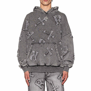 Vente chaude nouvelle conception de broderie en détresse Vintage lavé goutte épaule unisexe pull à capuche - Product Image 4