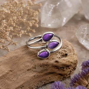 Anillo de Plata de Ley 925 con Triple Amatista en Forma de Lágrima y Gema Morada en Forma de Pera, Piedra de Nacimiento de Febrero, Elemento Aire y Agua - Product Image 2
