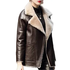 Lady Sheepskin Leather Jacket 2022 Winter Thick Warm Coats Pocket Solid Simple Zip Leather Overcoat Fur Lining