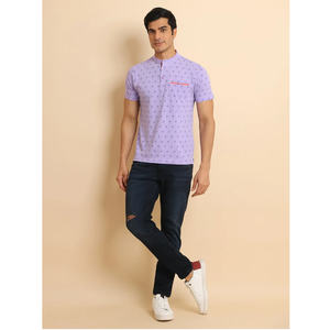 T-shirt à manches courtes de qualité supérieure pour homme Coupe régulière avec poche en os unique Imprimé à col mandarin Tenue décontractée - Product Image 1