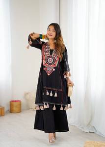 Wholesale Ethnic Salwar Kameez Garment Set Attractive Heavy Roman <b>Silk</b> <b>Thread</b> Real Mirror Tassels Work Party Occasions Black - Product Image 6