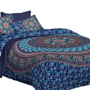 Blue Mandala tapestry comforter cover flat sheet and 2 matching pillowcases.Indian roundie 3 pcs cover Bed COVER boho Bedspread