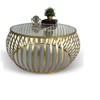 Table basse ronde en aluminium doré avec plateau en verre, design moderne, mobilier de salon de luxe, logo personnalisé, best-seller