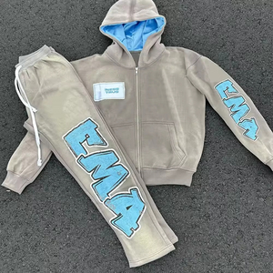 Custom Y2K Streetwear Tracksuit for Unisex Satin Lined <b>Zip</b> <b>Up</b> Hoodie and Vintage Wash Drawstring Sweatpants For Streetwear - Product Image 2