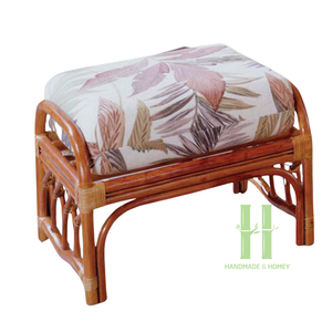 Pouf en rotin brun naturel Coussin blanc bohème Repose-pieds en rotin vintage rembourré Paquet OEM dans l'usine artisanale HNH - Product Image 2