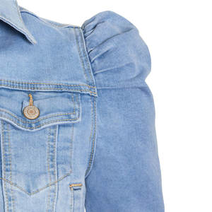 Customized Women <b>Jeans</b> Jacket Top Cotton Stretch Puff Sleeve Light Blue Short Length Acid Wash <b>Jean</b> Jacket Size 10 12 14 16 8 - Product Image 5