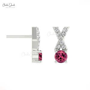 Haute qualité 14K or pierres précieuses boucles d'oreilles véritable rose Tourmaline diamant croix goujons mignon Push Back Style pour la fête de mariage - Product Image 3