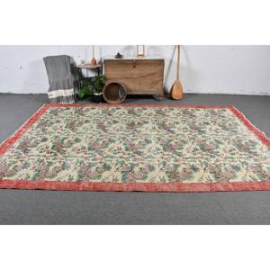 พรมขนแกะสีเบจเย็บปะสีแดงแบบดั้งเดิมพรมยางสี่เหลี่ยมขนาด6.8x10.9ฟุตทำด้วยมือพรมยางสำหรับนั่งเล่นข้างเตียง - Product Image 2