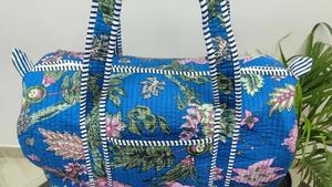 Handmade Blockprinted Quilted Cotton Duffle Bag Weekender Luxury Sky Blue Light Bold Floral Print Handprint Durable Eco-Friendly - Product Image 4