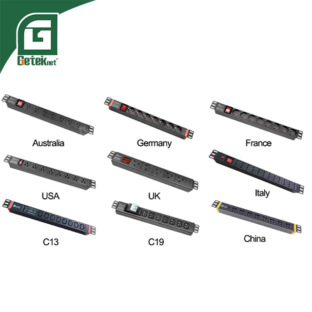 GETEKnet 1U 19\" Universal US EU UK PDU 10A 15A 16A Rack Mount Power Strip Distribution Unit with 8 10 20 32 Way Options
