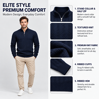 Pull à col zippé pour homme FNJIA, bleu marine, tricot texturé, décontracté, pour le bureau, automne, fournisseur en gros de vêtements en tricot personnalisés OEM, Europe