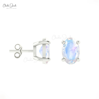 Boucles d'oreilles clous en pierre de lune arc-en-ciel naturelle, or massif 14 carats, taille ovale 6x4mm, pierre de naissance de juin, bijoux fins, fournisseur en gros