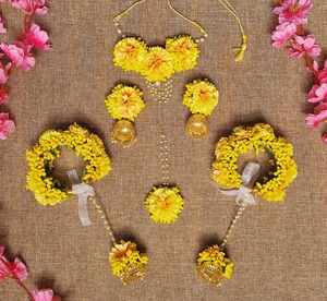 ชุดเครื่องประดับสีเหลืองกุหลาบ haldi mehindi ทำด้วยมือสำหรับเจ้าสาวพร้อมสร้อยคอต่างหูแหวนและสร้อยข้อมือ - Product Image 5