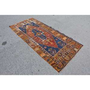 พรมขนสัตว์ตุรกีวินเทจคลาสสิกพื้นที่ขนาดใหญ่รูปสี่เหลี่ยมผืนผ้า7.8ft 3.5 x สีส้มสีน้ำเงินเย็บปะติดปะต่อกันสำหรับห้องโถงห้องนั่งเล่น - Product Image 2