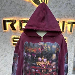 Sudadera con capucha morada para hombre, con cremallera, estilo oversize, diseño estampado streetwear, logotipo frontal por sublimación, manga regular, tejido de punto. - Product Image 4