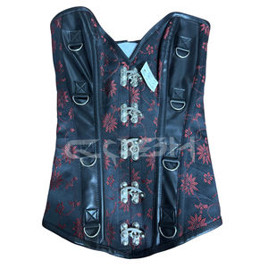 Corset serre-taille noir en brocart avec empiècements en cuir noir et baleines en acier robustes avec accessoires en acier - Product Image 3