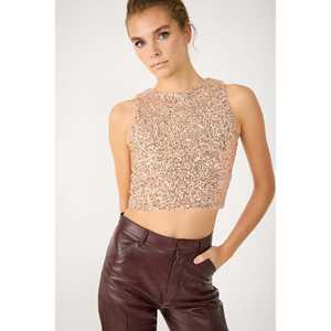 เสื้อเบลาส์แขนสั้นคอกลมลำลองประดับเลื่อมสีชมพูพร้อมโลโก้ด้านหน้า - Product Image 1