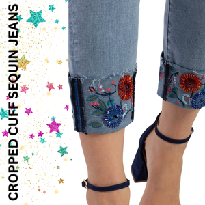 Vaqueros de lentejuelas con puño recortado para mujer - Product Image 3