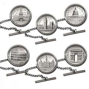 Personalizado Europa EE. UU. Landmark Moneda <span class=keywords><strong>Gemelos</strong></span> Tie Bars Clips Tachuelas Set Plata Vintage Hombres Formal Tela Accesorios Fábrica al por mayor - Product Image 1