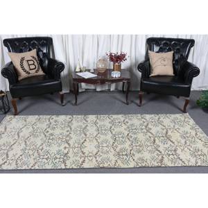 พรมขนสัตว์ตุรกีวินเทจ3.4 x 8.4ft ข้อความชิ้นชิ้นทันสมัยสีเบจสีน้ำตาลผ้าทอแบนสำหรับตกแต่งห้องนั่งเล่นน้ำยาง - Product Image 2