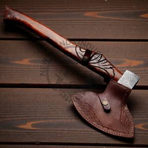 Hache à barbe en acier Damas forgé à la main pour le camping en plein air, hache de haute qualité avec manche en bois de rose et étui en cuir pour la chasse - DIY - Product Image 6