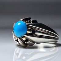 Bague de fiançailles artisanale en argent sterling avec turquoise naturelle certifiée IGI de haute qualité, bleu Robin, pierre précieuse islamique, taille émeraude
