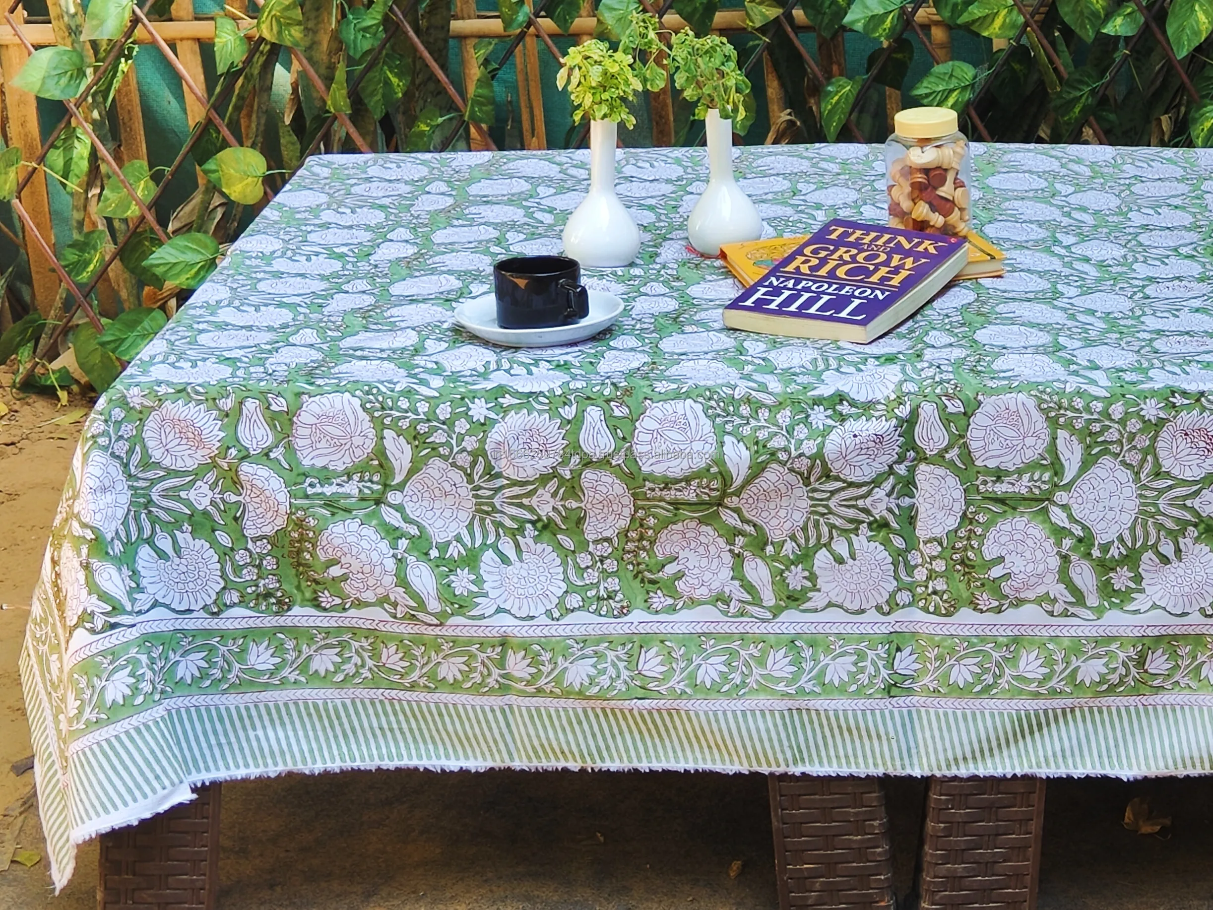 Çiçek yaprak baskılı pamuk masa örtüleri adaçayı yeşil hint el bloğu baskılı pamuk masa örtüsü çiftlik evi tabakalanmalar