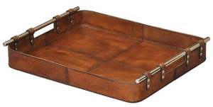 Deep brown leather serving <b>tray</b> for decorative coffee table placement or functional food and <b>drink</b> presentations - Product Image 5