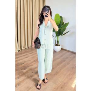 Ensemble pantalon et gilet en lin couleur menthe - Vente en gros - Vert menthe - Product Image 1