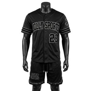 Conjunto de pantalones cortos de béisbol para hombre de malla de poliéster, negro, transpirable, uniforme, con paneles de rayas en las mangas, logotipo personalizado en sarga, conjunto de pantalones cortos para hombre - Product Image 1