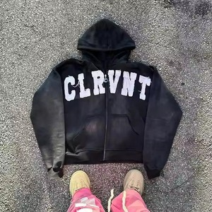 Impresión personalizada 450 GSM Streetwear Raw Hem Cut Hombres Sudadera con capucha recortada Lavado ácido Vintage Parche bordado desgastado Sudaderas con cremallera - Product Image 3