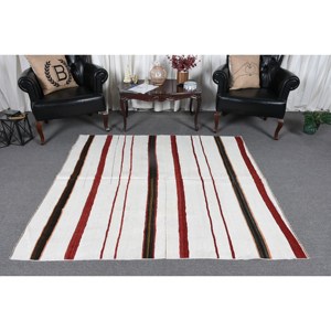 Alfombra de lana roja y blanca moderna, alfombra turca de tejido plano de 5,3x5,7 pies para sala de estar, 9x12, patrón de retales rectangulares, respaldo de látex - Product Image 2