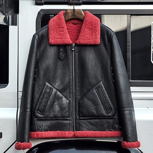 Veste en peau de mouton pour homme Manteau en fausse fourrure Manteau de pilote Veste volante noire Veste en peau de mouton B3 Doublure à col rouge - Product Image 5